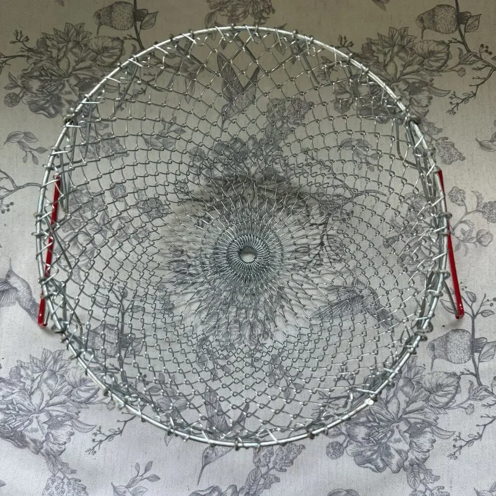 Vtg Hostess Egg Gathering Wire Mesh Fruit Hanging Basket Collapsible Red Handles